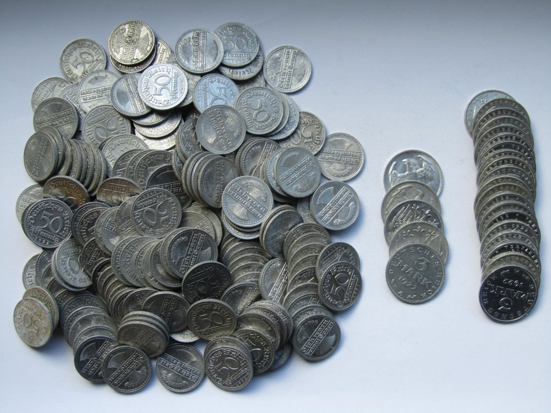  Weimarer Republik: 200 x 50 Pfennig Alu + 25 x 3 Mark Alu   