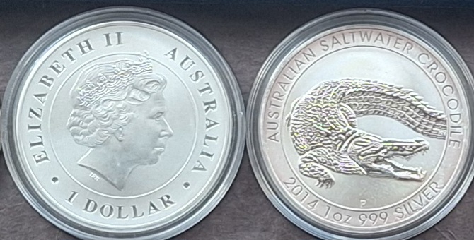  Australien, 1 Dollar, 2014 Elizabeth II Salzwasserkrokodil, 1oz 999 Silber (gekapselt)   