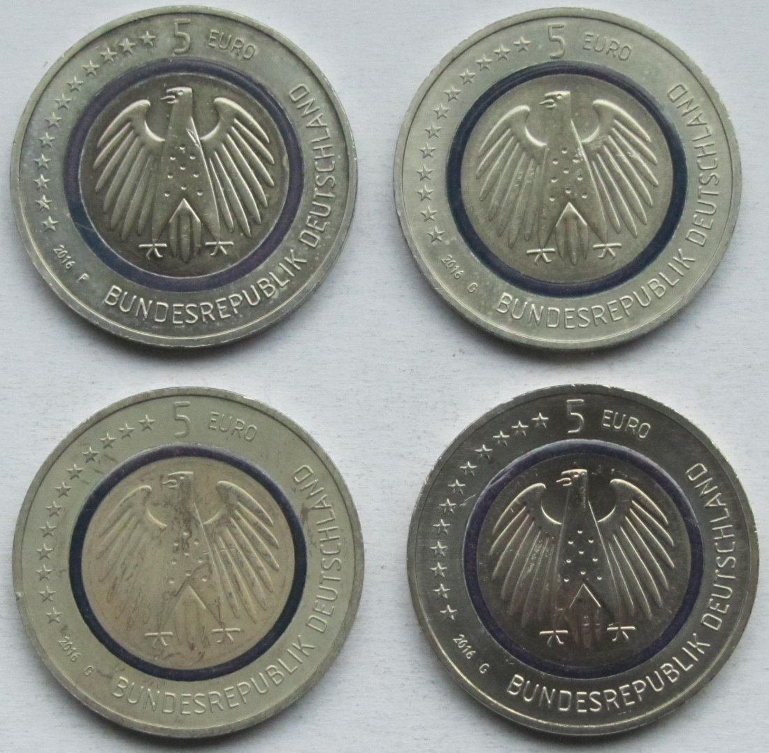  Deutschland: 5 Euro Planet Erde 2016, 4 Stück (1 x F + 3 x G)   