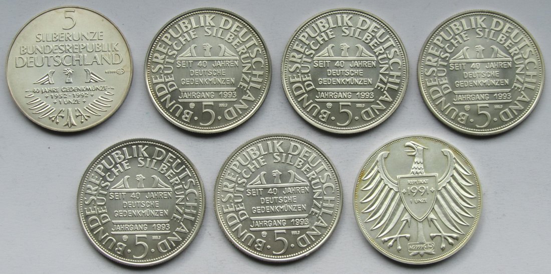  Lot aus sieben Silberunzen mit DM-Motiven, zusammen 217,7 g Feinsilber   