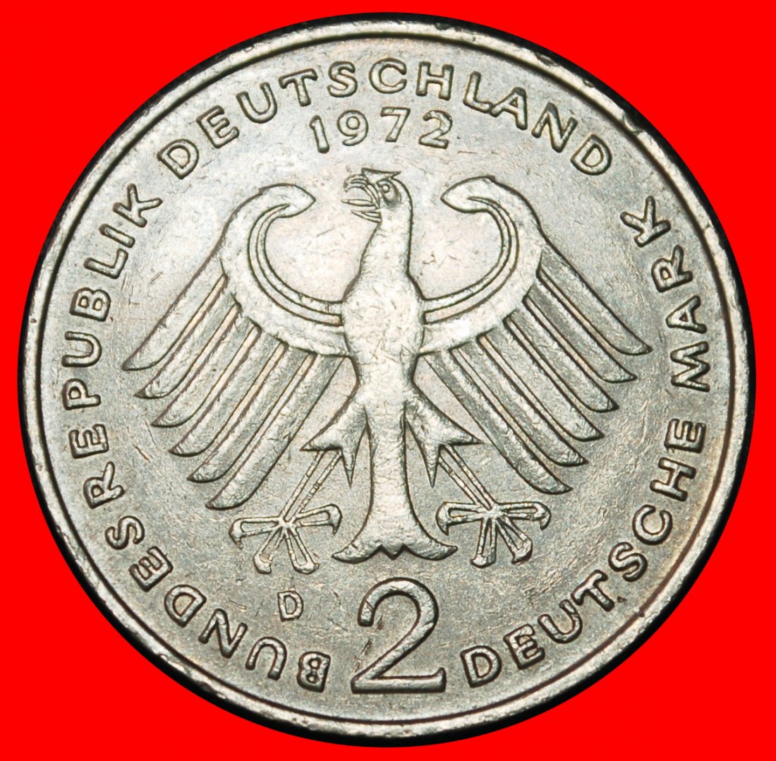  Ⰶ ADENAUER (1876-1967): GERMANY ★ 2 MARKS 1972D II A r1! BAVARIA! 1949-1969!★LOW START★ NO RESERVE!   