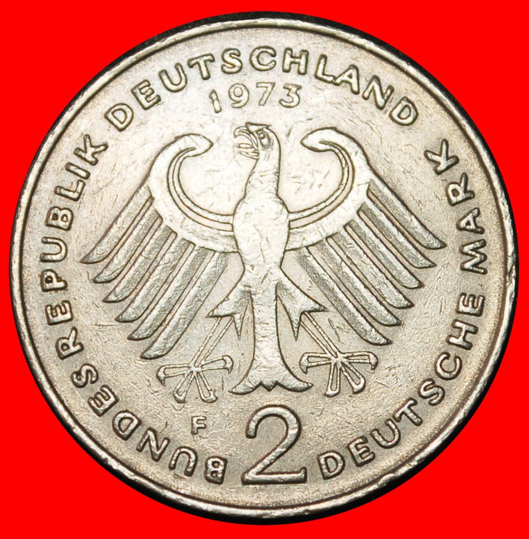  Ⰶ HEUSS (1884-1963): GERMANY★2 MARKS 1973F BADEN-WUERTTEMBERG 1949-1969! IAr1★LOW START★ NO RESERVE!   