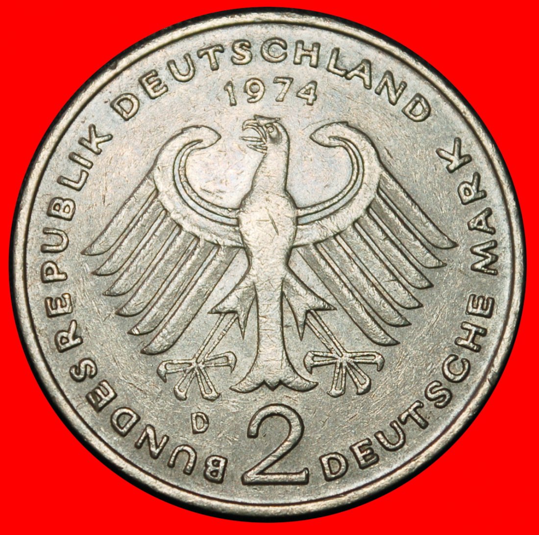  Ⰶ HEUSS (1884-1963): GERMANY ★ 2 MARKS 1974D BAVARIA 1949-1969! I A r2!★LOW START★ NO RESERVE!   