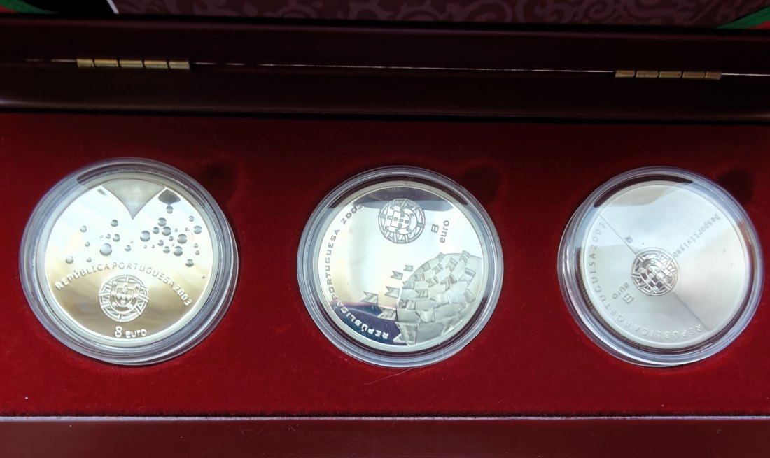  PORTUGAL 3 x 8 Euro UEFA 2004 - 3 Oz .925 Silber PP Holzetui mit CoA und Schuber 86,3g fein PP   
