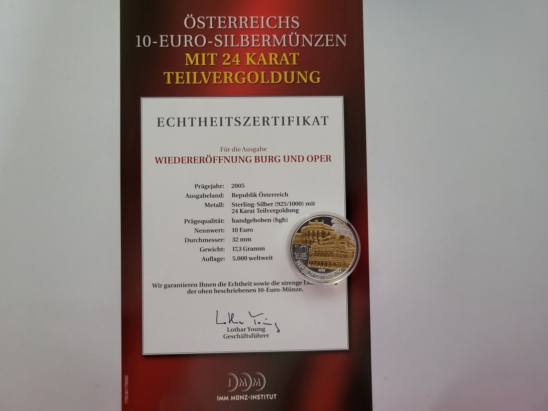 10 Euro 2005 Wiedereröffnung von Burg & Oper Ag 925/16g fein Österreich Spittalgold9800 (4971/8   