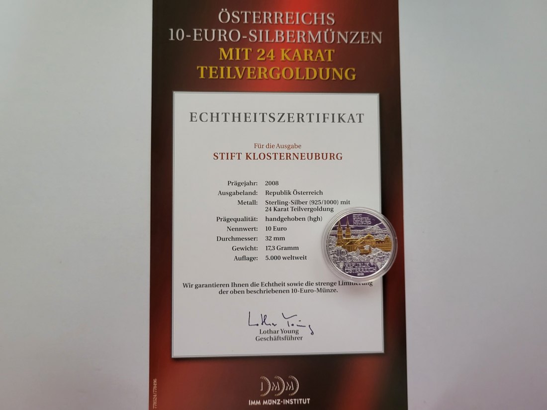  10 Euro 2008 Stift Klosterneuburg silber 925/16g fein Österreich Spittalgold9800 (4971/13   