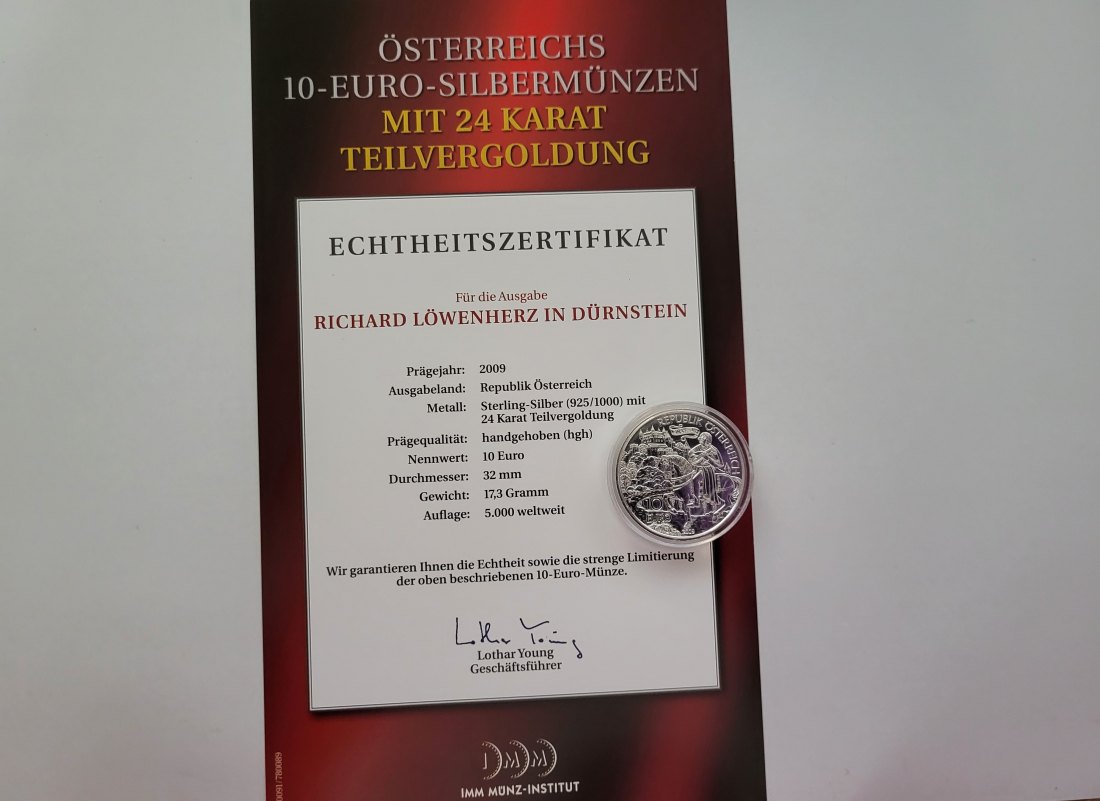  10 Euro 2009 Dürnstein Richard Löwenherz silber 925/16g fein Österreich Spittalgold9800 (4971/16   
