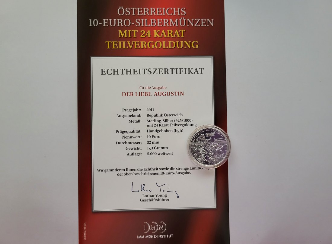  10 Euro 2011 Wien Der liebe Augustin Ag 925/16g fein Österreich Spittalgold9800 (4971   