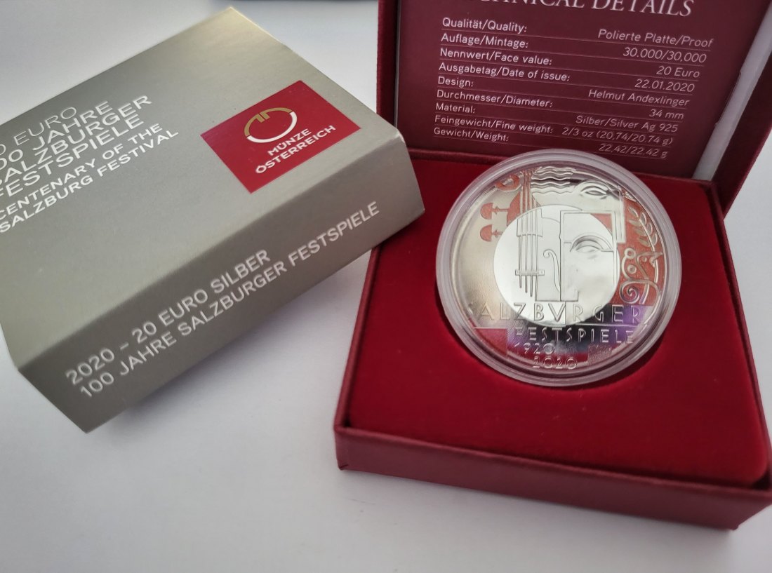  20 Euro 2020 100 Jahre Salzburger Festspiele 925/20,74g fein silber Österreich Spittalgold9800 (5370   