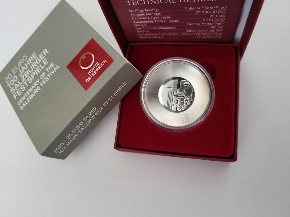  20 Euro 2020 100 Jahre Salzburger Festspiele 925/20,74g fein silber Österreich Spittalgold9800 (5370   