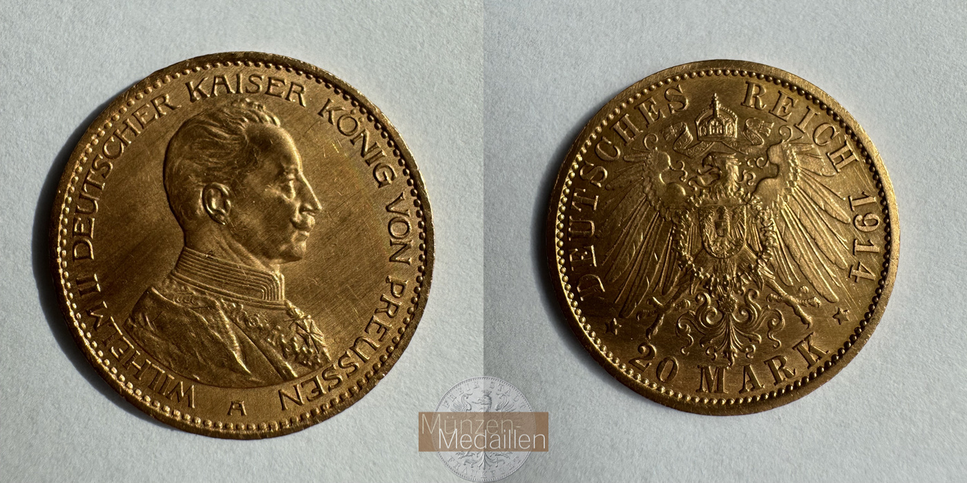  Dt. Reich Preußen 20 Mark William II A 1914 (1913-1915) MM-Frankfurt Feingold: 7,17   