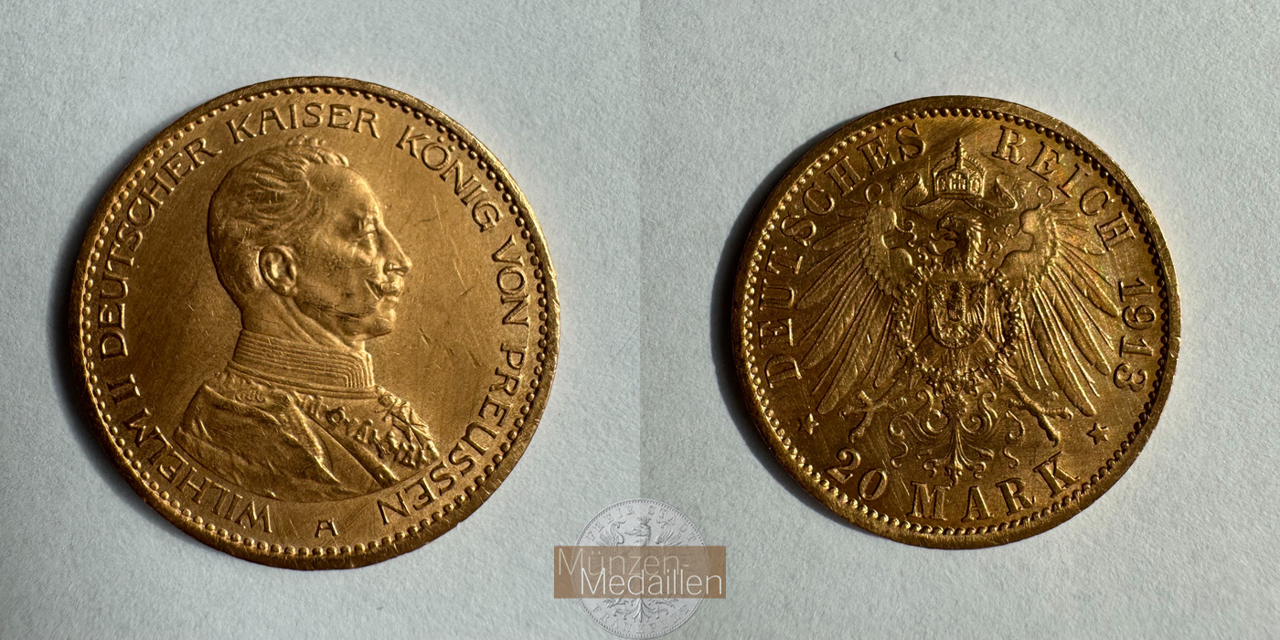  Dt. Reich Preußen 20 Mark William II A 1913 (1913-1915) MM-Frankfurt Feingold: 7,17   