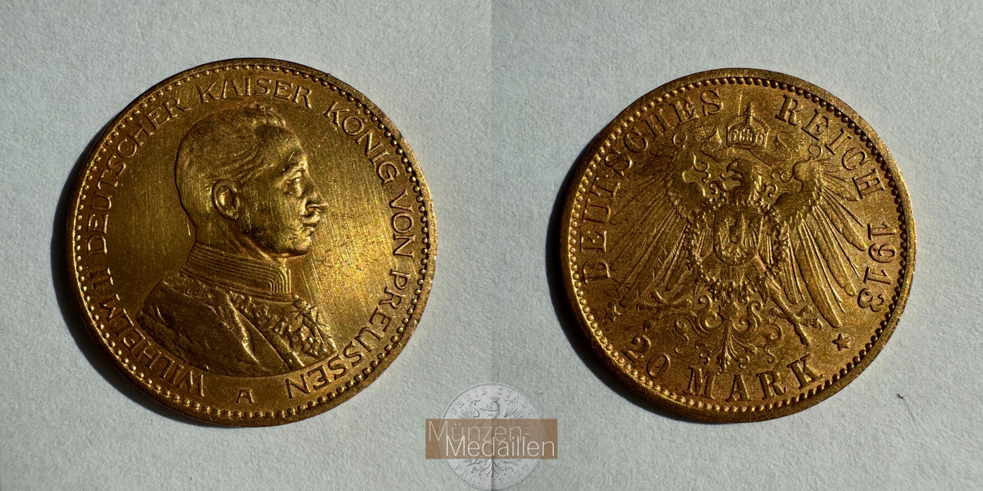 Dt. Reich Preußen 20 Mark William II A 1913 (1913-1915) MM-Frankfurt KM#537 Feingold: 7,17   