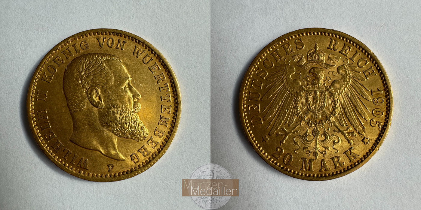  Dt. Reich Württemberg 20 Mark William II F 1905 (1894-1914) MM-Frankfurt KM#634 Feingold: 7,17g   