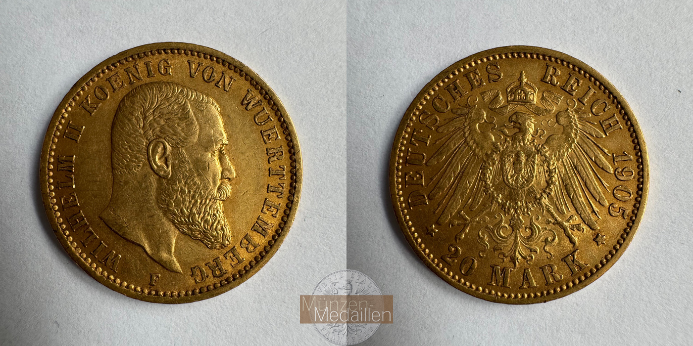  Dt. Reich Württemberg 20 Mark William II F 1905 (1894-1914) MM-Frankfurt KM#634 Feingold: 7,17g   
