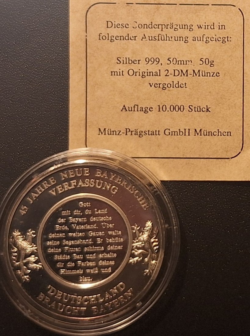  Freistaat Bayern 1991 999,9 Medaille 999,9er Silber 50g Zertifikat ex. 10.000 gekapselt   
