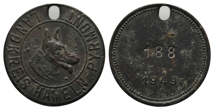  Marke; Hameln; Hundemarke; Landkreis Hameln-Pyrmont 1949; 188; gelocht   