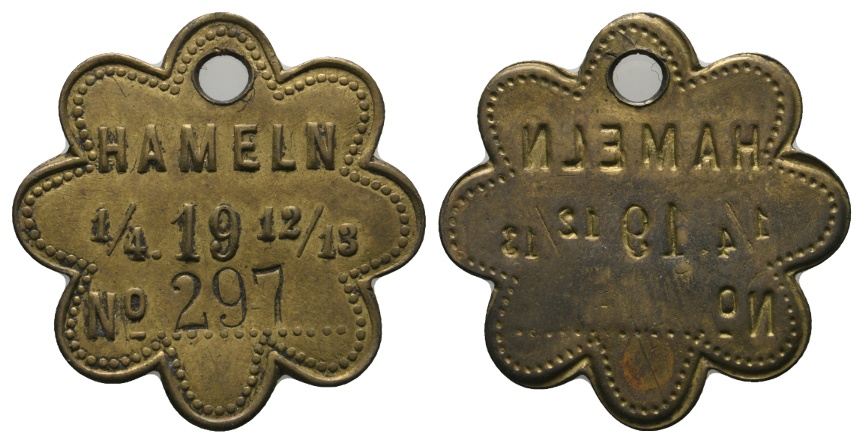  Marke; Hameln; 1/4. 19 12/13; NO. 297; gelocht   