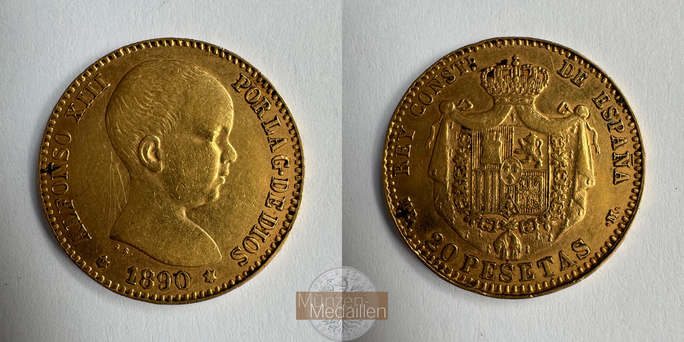 Spanien 20 Pesetas Alfonso XIII 1890 (1887-1890) MM-Frankfurt KM#693 Feingold: 5,805g   