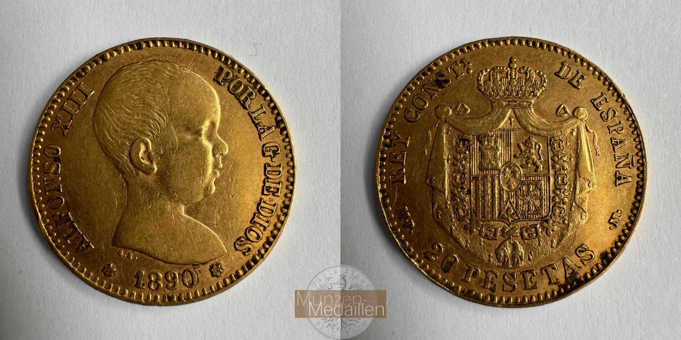  Spanien 20 Pesetas Alfonso XIII 1890 (1887-1890) MM-Frankfurt KM#693 Feingold: 5,805g   
