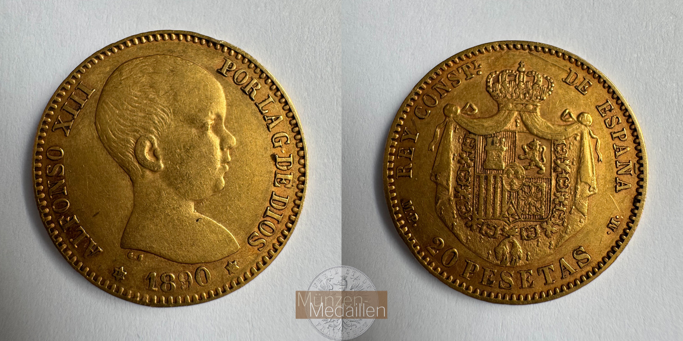 Spanien 20 Pesetas Alfonso XIII 1890 (1887-1890) MM-Frankfurt KM#693 Feingold: 5,805g