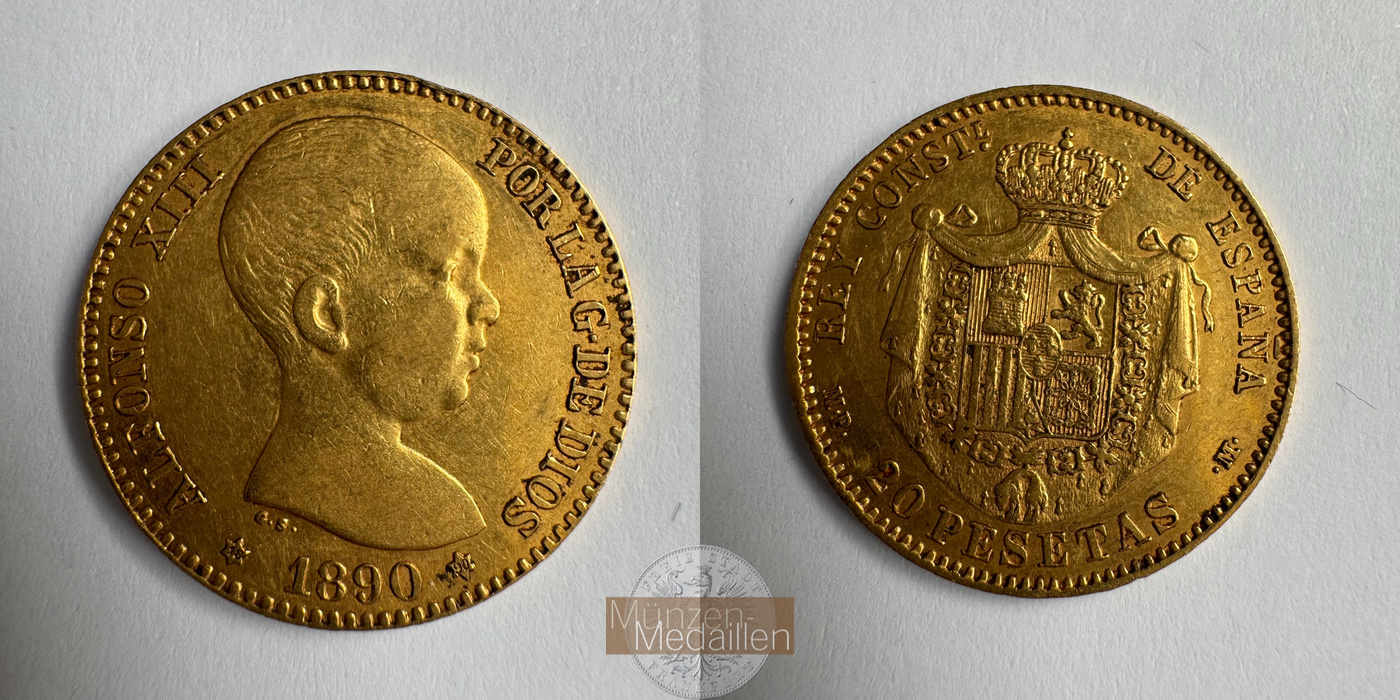  Spanien 20 Pesetas Alfonso XIII 1890 (1887-1890) MM-Frankfurt KM#693 Feingold: 5,805g   