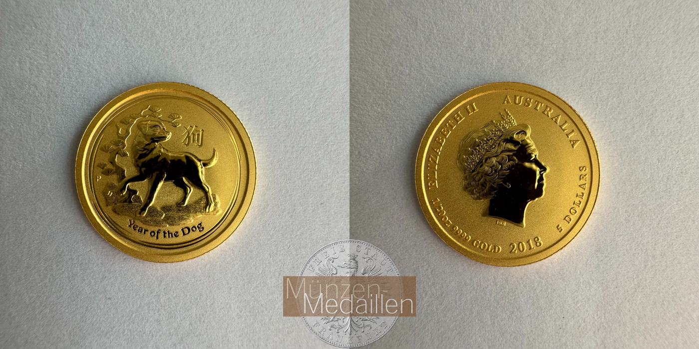  Australien 5 Dollars Year of the Dog 2018 MM-Frankfurt KM#3547.1 Feingold: 1,552g   