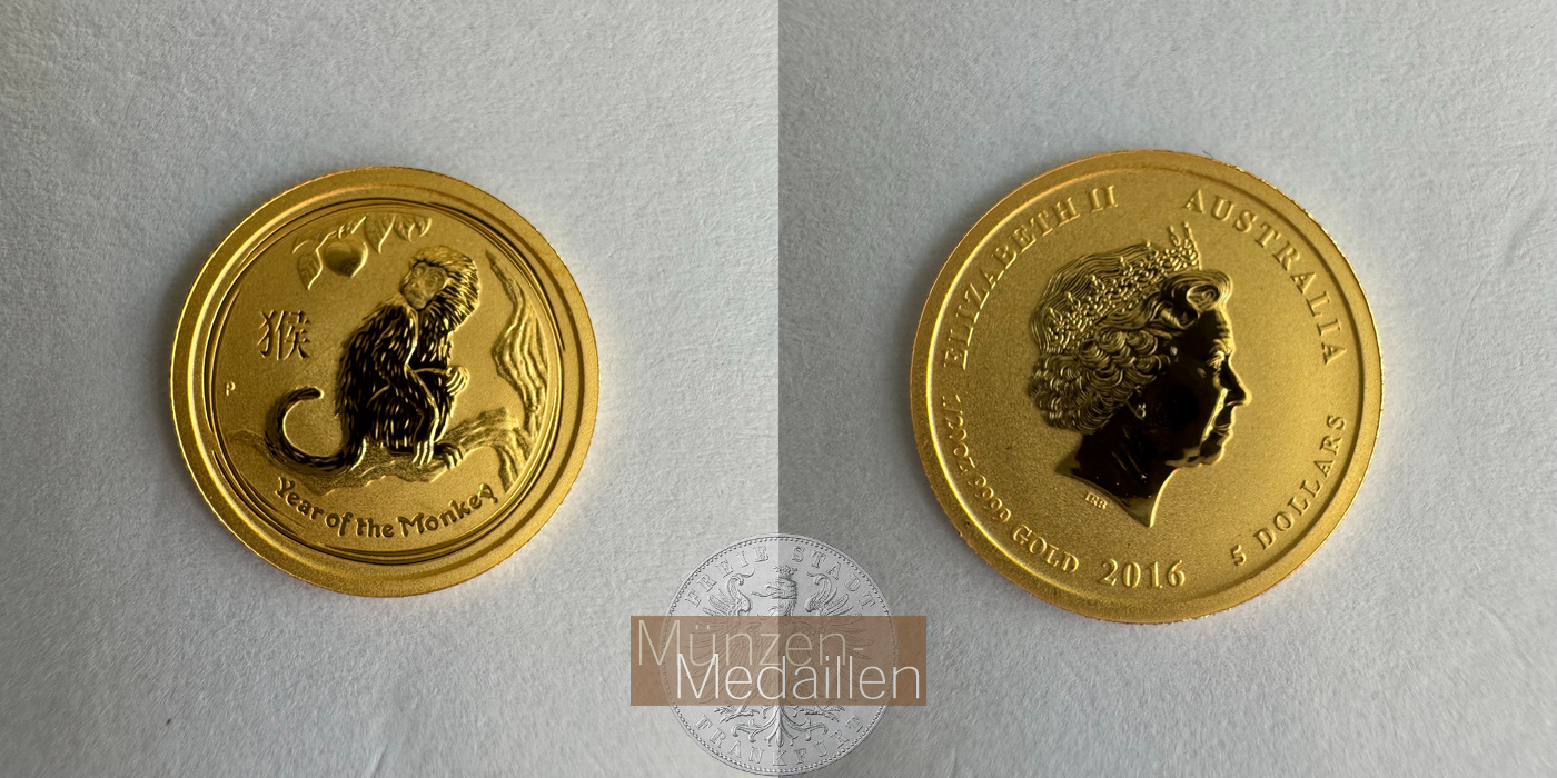  Australien 5 Dollars Year of the Monkey 2016 MM-Frankfurt KM#3277 Feingold: 1,555g   