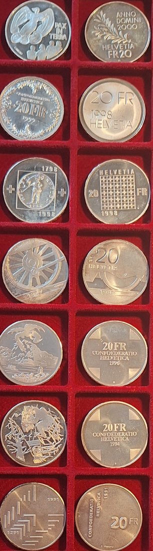 Schweiz, 7x 20 Silberfranken, 1991-2000,Gewicht 140g 835er (116,9 fein)   