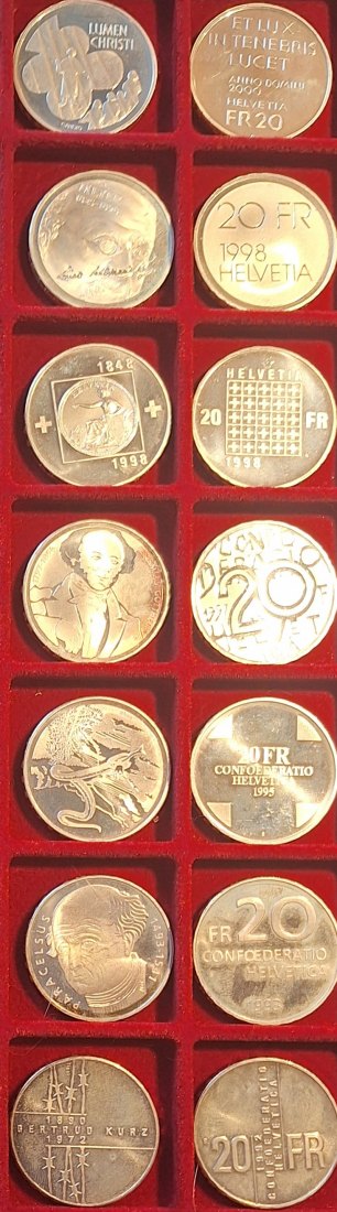  Schweiz, 7x 20 Silberfranken, 1992-2000, Gewicht 140g 835er (116,9 fein)   