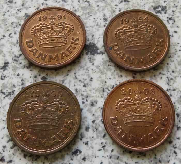  Dänemark 25 Öre 1991, 1994, 1995 und 2006, 4 Stück   
