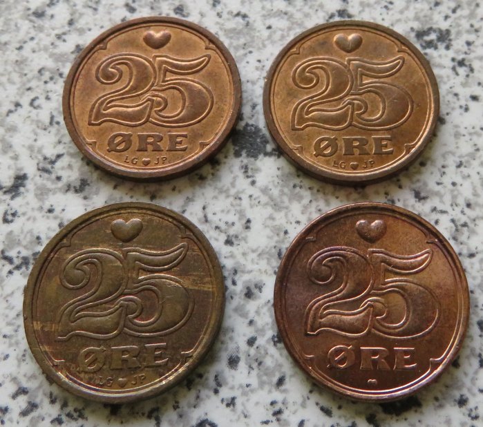  Dänemark 25 Öre 1991, 1994, 1995 und 2006, 4 Stück   