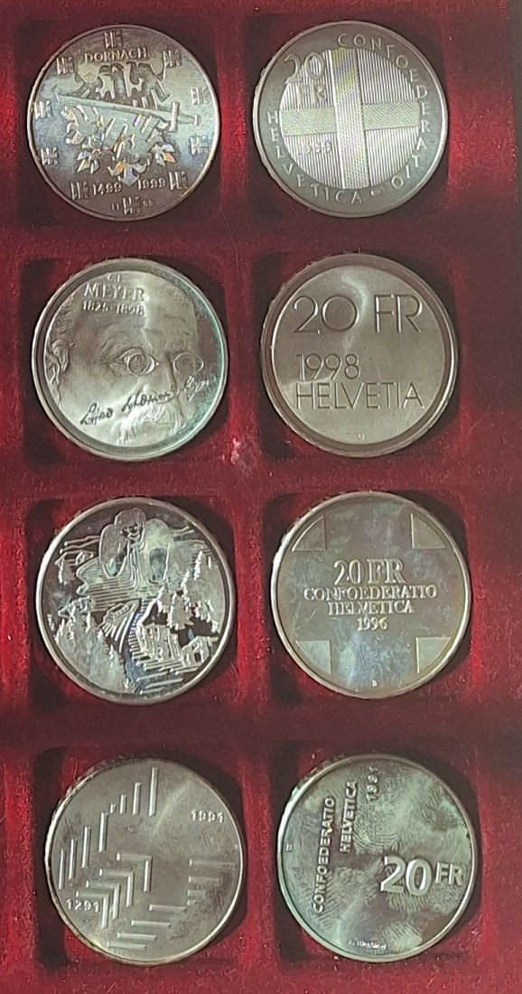  Schweiz, 4x 20 Silberfranken, 1991-1999,Gewicht 80g 835er (66,8 fein)   