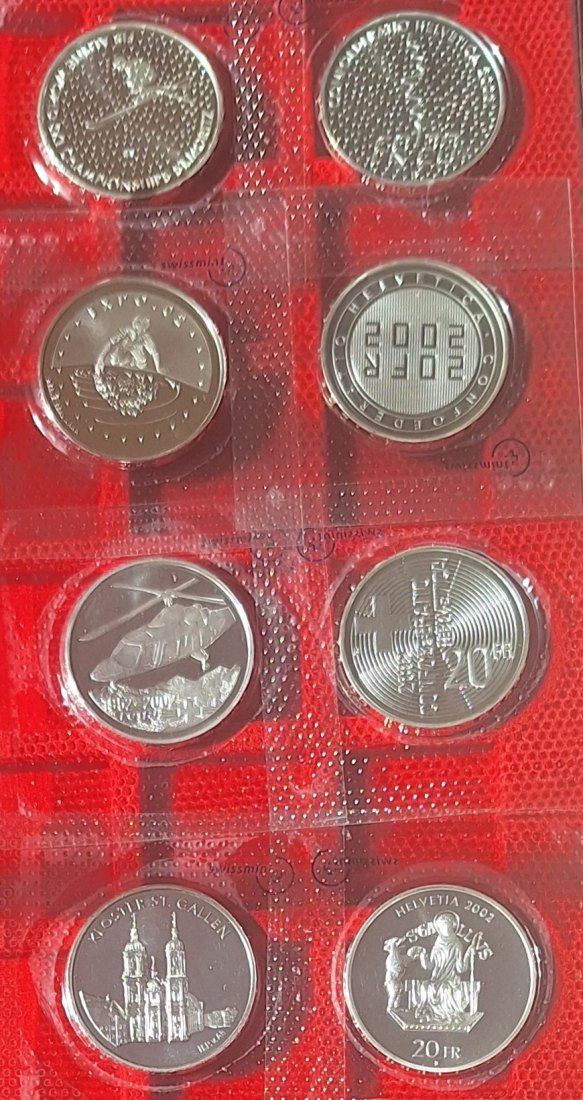  Schweiz, 5x 20 Silberfranken, 1991,2002,2003,Gewicht 100g 835er (83,5 fein)   