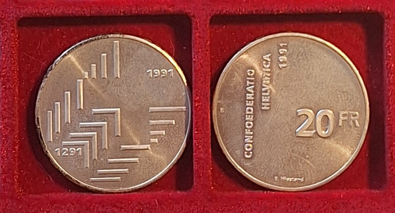  Schweiz, 5x 20 Silberfranken, 1991,2002,2003,Gewicht 100g 835er (83,5 fein)   