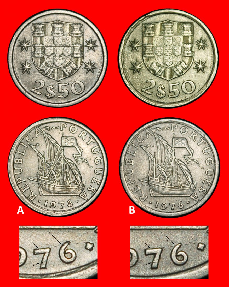  Ⰶ SHIP (1963-1986): PORTUGAL ★ 2.50 ESCUDOS 1976! 2 DISCOVERY COINS!★LOW START ★ NO RESERVE!   