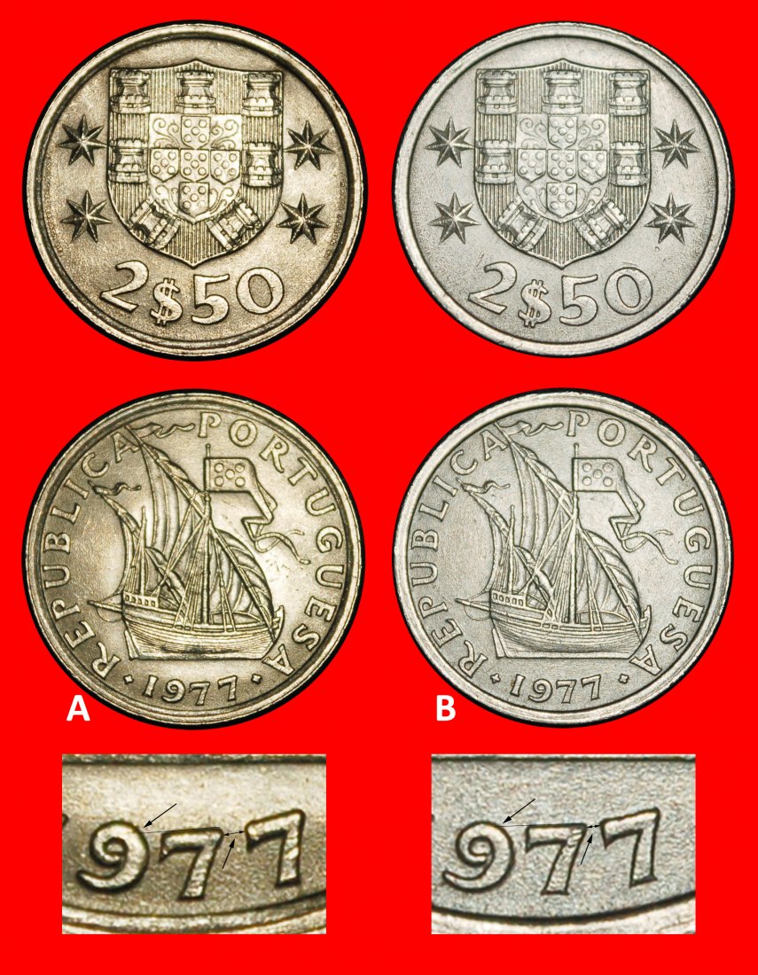  Ⰶ SHIP (1963-1986): PORTUGAL ★ 2.50 ESCUDOS 1977! 2 DISCOVERY COINS!★LOW START ★ NO RESERVE!   