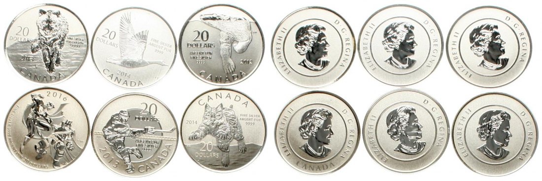  Kanada: Feines Lot von 6 x 20 Dollar, alle in 999 Feinsilber! (ges. 47,76 Gramm reines Silber!)   