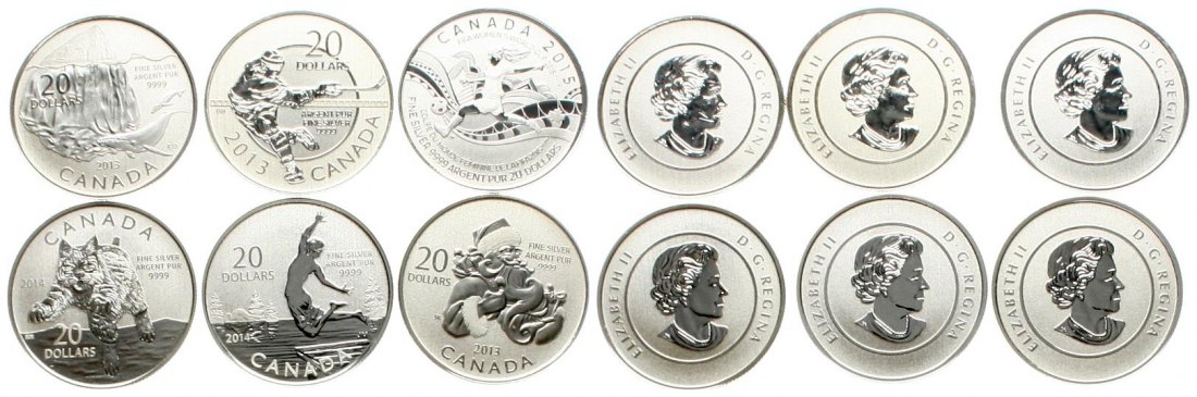  Kanada: Feines Lot von 6 x 20 Dollar, alle in 999 Feinsilber! (ges. 47,76 Gramm reines Silber!)   