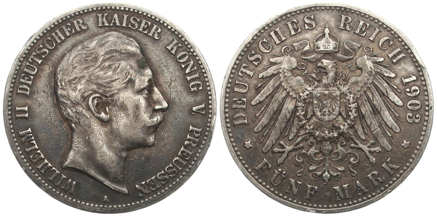  Kaiserreich, Preussen: Wilhelm II, 5 Mark 1903, 27,78 gr. 900er Silber, 25 gr. fein!   