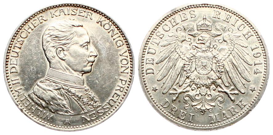  Preussen: Wilhelm II., 3 Mark 1914 A, Silber, TOP-Erhaltung, wunderbare Patina, siehe Bilder!   