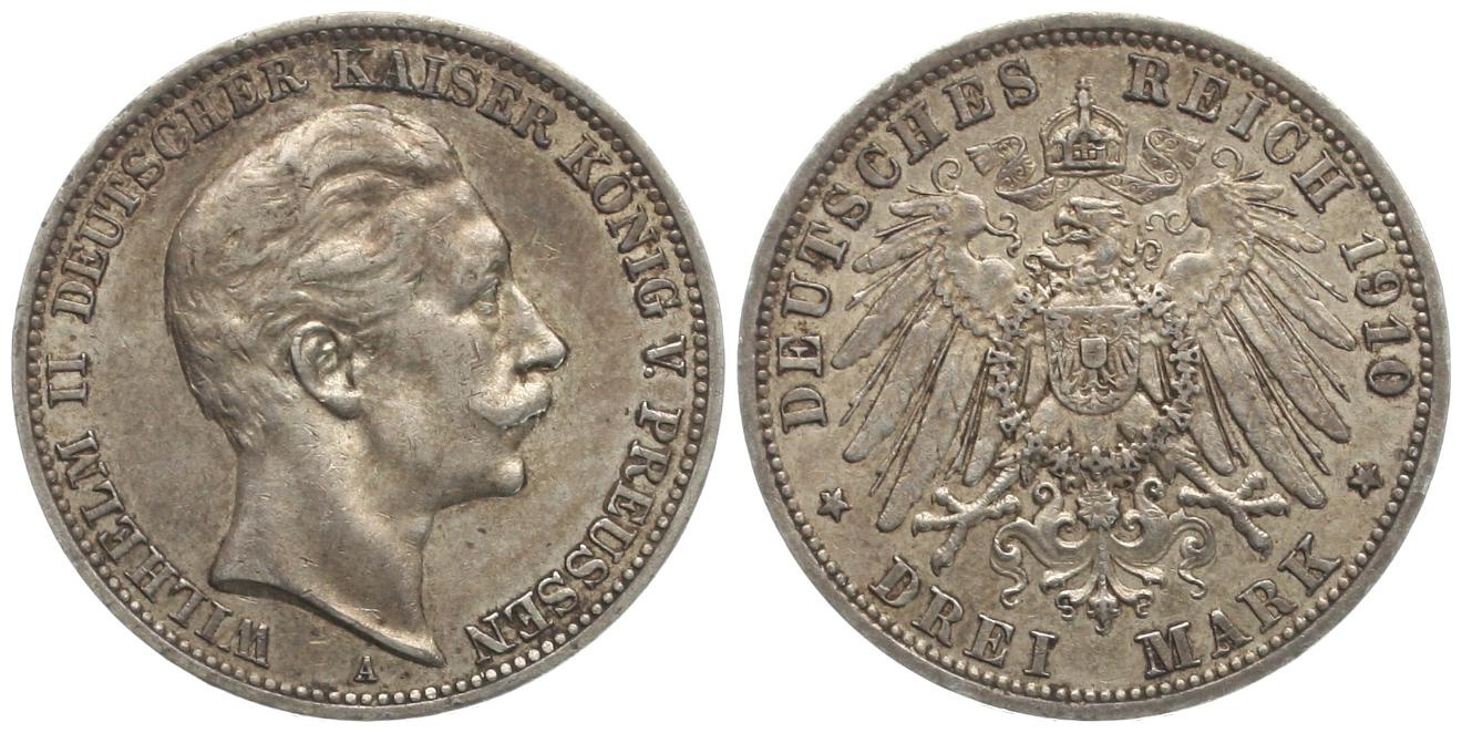  Preussen: Wilhelm II., 3 Mark 1910 A, schöne Patina!   