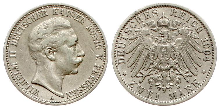  Preussen: Wilhelm II., 2 Mark 1904 A, schöne Patina!   
