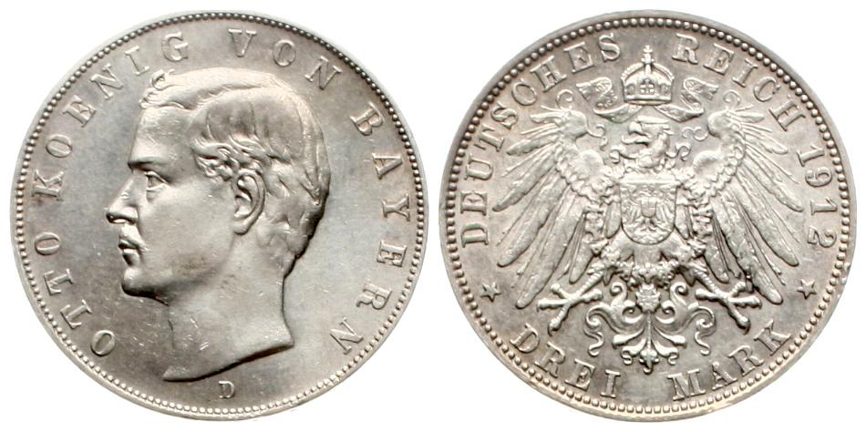  Kaiserreich, Bayern: Otto, 3 Mark 1912, Silber, schöne Patina! siehe Bilder!   