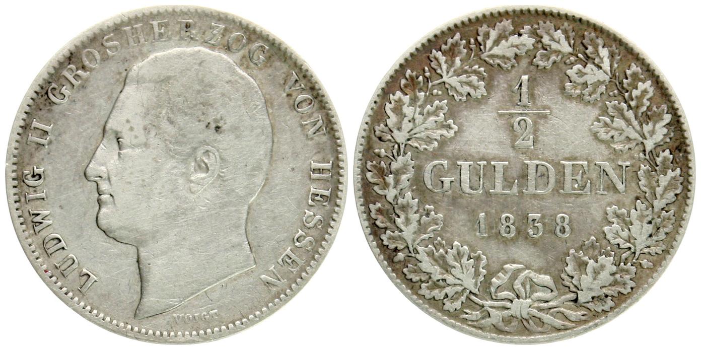  Hessen, Grossherzogtum: Ludwig II., 1830-1848,  1/2 Gulden 1838, näheres unten!   