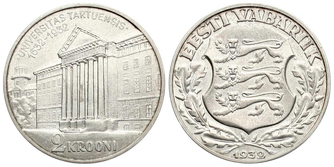  Estland: 2 Krooni 1932 300 Jahre Universität Tartu vz+, SELTEN!   