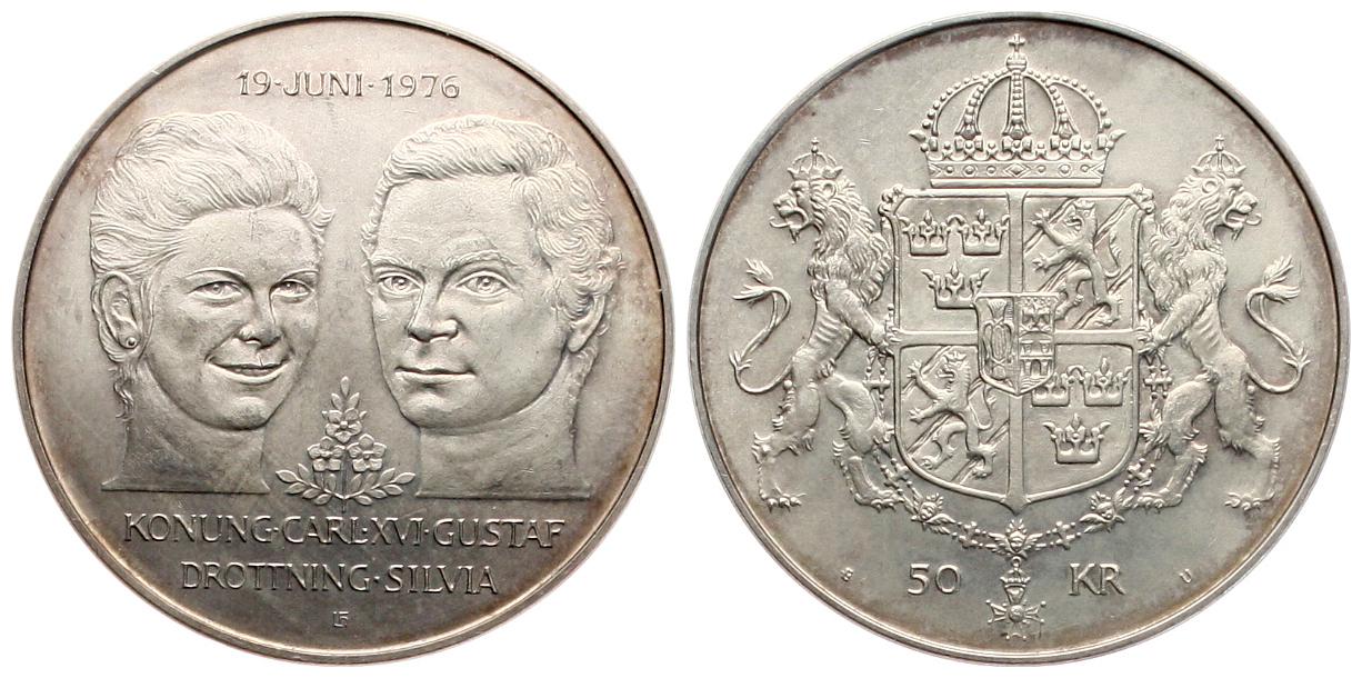  Schweden: 50 Krona 1976, zur Hochzeit des Königspaares, fstgl   