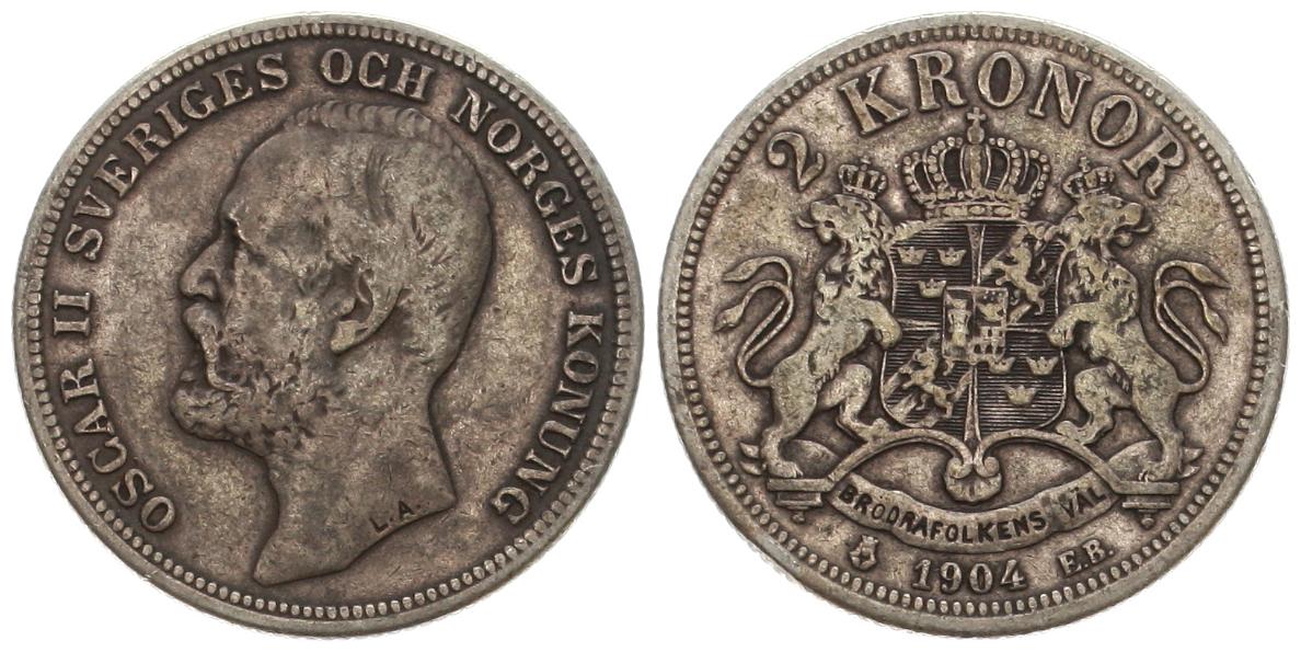 Schweden: Oscar II., 2 Kronor 1904 EB, ss   
