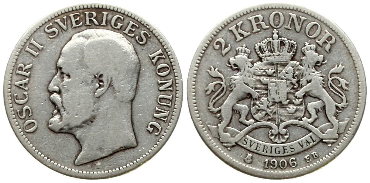  Schweden: Oscar II., 2 Kronor 1906 EB, ss   