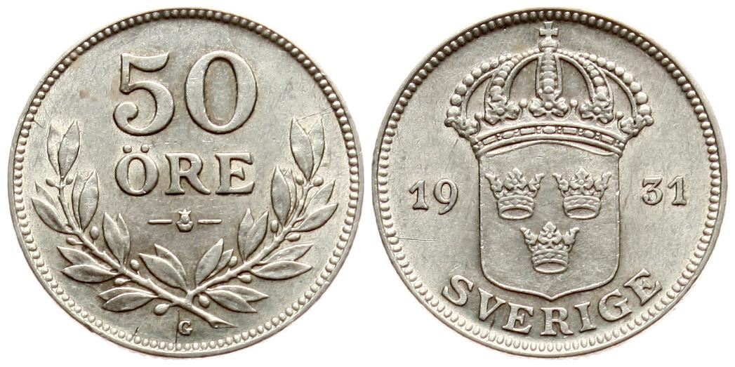  Schweden: Gustav V., 50 Öre 1931 G TOP-ERHALTUNG, besseres Jahr!!   